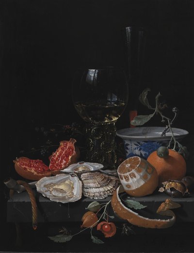 Østers, frukt og et vinglass på et steinbord av Abraham Mignon