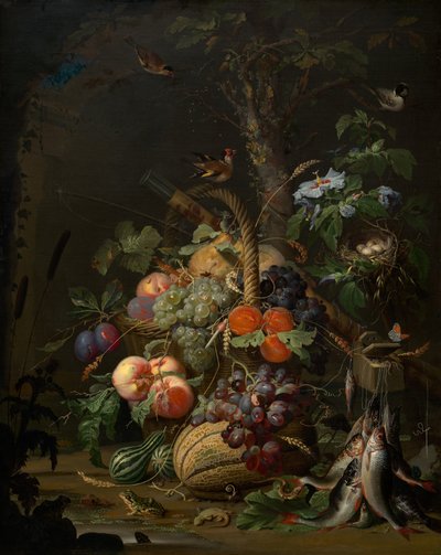 Stilleben med frukt, fisk og et rede, ca. 1675. av Abraham Mignon