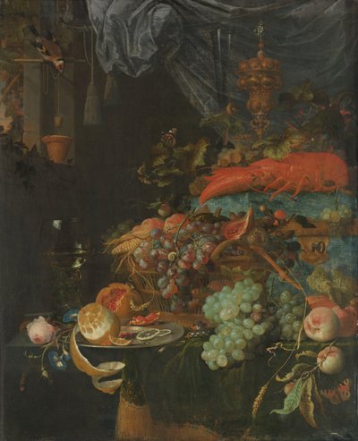 Stilleben med frukt og en gullfink av Abraham Mignon