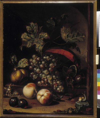 Stilleben av frukt og dyr (olje på lerret) av Abraham Mignon