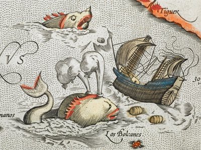 (Detalj). Sjømonstre som angriper et skip. av Abraham Ortelius