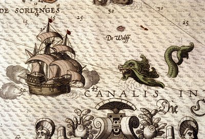 Et marinemonster som angriper en gallion (karavel). Detalj av et kart i "Theatrum Orbis Terrarum" av Abraham Ortelius, Antwerpen 1584 av Abraham Ortelius