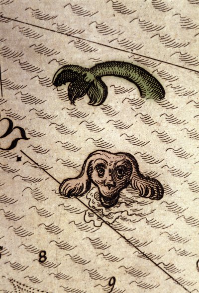 Et marinemonster har et hundehode og en fiskekropp. Detalj av et kart i "Theatrum Orbis Terrarum" av Abraham Ortelius, Antwerpen 1584. av Abraham Ortelius