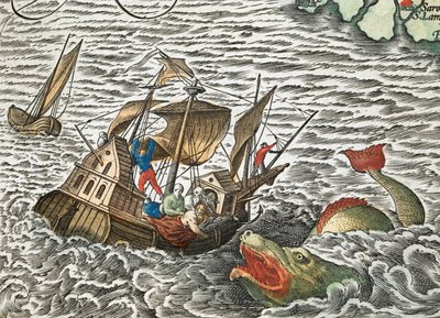 Et skip blir angrepet av et sjømonster fra Typus orbis terrarum, av Abraham Ortelius av Abraham Ortelius