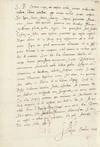 Autografbrev signert til nevøen hans, Jacob Cool (Jacobus Colius), Antwerpen, 2. februar 1595 (penn og blekk på papir) av Abraham Ortelius