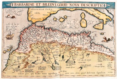 Barbariae og Biledulgerid, Ny beskrivelse. Geografikart over Nord-Afrika fra "Theatrum Orbis Terrarum" av Abraham Ortelius (Oertel, Ortell eller Ortel av Abraham Ortelius