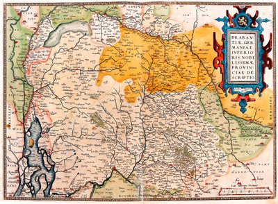 Geografikart over territoriet sør for Nederland germansk (Kempeland) hentet fra "Theatrum Orbis Terrarum" av Abraham Ortelius (Oertel, Ortell eller Ortel av Abraham Ortelius
