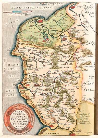 Caletensium et Bononiensium Ditionis Accurata Delineatio Geografisk kart over Boulonnais-territoriet (Comte de Boulogne), Artois og Fransk Flandern (Frankrike) inkludert stedene Calais, Arches, Greuelinge, Etaples og Montreuil... hentet fra «Theatrum Or av Abraham Ortelius
