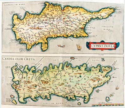 Kypros Island - Candia, tidligere Kreta Geografikart over middelhavsøyene Kypros og Kreta i Hellas fra "Theatrum Orbis Terrarum" av Abraham Ortelius (Oertel, Ortell eller Ortel av Abraham Ortelius