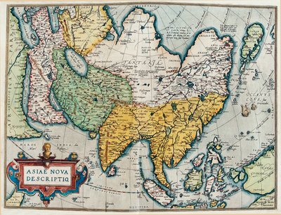 Beskrivelse av det asiatiske kontinentet, geografikart fra "Theatre of the World" av Abraham Ortelius
