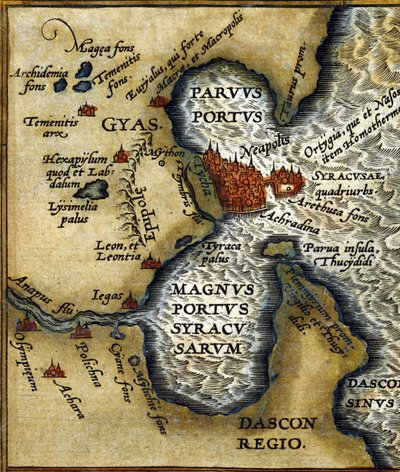 Tidligere havn i Syracuse (Sicilia) - i "" Atlas"" av Abrahm Ortelius av Abraham Ortelius