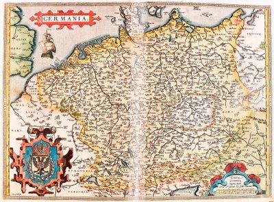 Tyskland Geografikart over territoriet til Tyskland (Det hellige germanske rike) fra "Theatrum Orbis Terrarum" av Abraham Ortelius (Oertel, Ortell eller Ortel av Abraham Ortelius