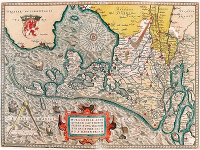 En ny beskrivelse av setet til de gamle kattene i Holland, av Lacobos et daventria Geografikart over territoriet til Nederland med byene Amsterdam og Haarlem... hentet fra "Theatrum Orbis Terrarum" av Abraham Ortelius (Oertel, Ortell eller Orte av Abraham Ortelius