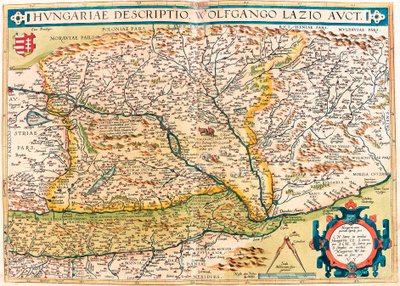 Ungarsk beskrivelse, Wolfgango Lazio Aut. Geografikart over territoriet til Ungarn fra "Theatrum Orbis Terrarum" av Abraham Ortelius (Oertel, Ortell eller Ortel av Abraham Ortelius