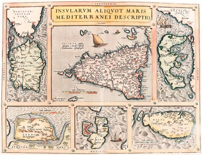 En beskrivelse av de flere øyene i Middelhavet. Geografikart over middelhavsøyene Sicilia, Sardinia, Korfu, Malta, Djerba og Elba (Sicilia, Sardegna, Colfu, Malta Djerba, Elba) fra "Theatrum Orbis Terrarum" av Abraham Ortelius (Oertel, Ortell) av Abraham Ortelius