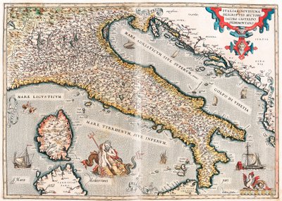 Siste beskrivelse av Italia av forfatteren Jacob Castaldo Piedmontano Geografikart over Italias territorium hentet fra "Theatrum Orbis Terrarum" av Abraham Ortelius (Oertel, Ortell eller Ortel av Abraham Ortelius