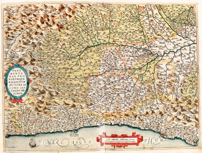 Beskrivelse av Piemonte og naboregionene av James Castaldo. Geografikart over Italias territorium fra Monaco i Frankrike til Genes og passerer gjennom provinsene Imperia de Savona og Genova fra "Theatrum Orbis Terrarum" av Abraham Ortelius ( av Abraham Ortelius