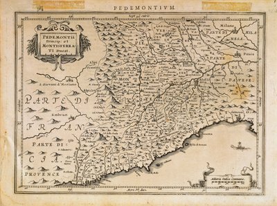 Fyrstedømmet Piemonte, hertugdømmet Monferrato, Vestliguria og en del av Østliguria-regionen, Fra Theatrum Orbis Terrarum av Abraham Ortelius av Abraham Ortelius