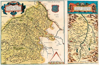 Geografikart over territoriet til Bourges og regionen i sentrum i Gallia (Frankrike) fra "Theatrum Orbis Terrarum" av Abraham Ortelius (Oertel, Ortell eller Ortel av Abraham Ortelius