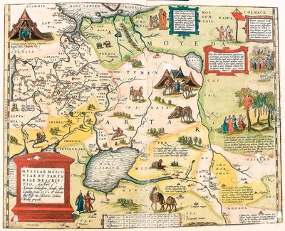Beskrivelse av Russland, Muscovy og Tartary. Forfatter Antonio Ienkenson Anglo, publisert i London i 1562 Geografikart over Russlands territorium fra "Theatrum Orbis Terrarum" av Abraham Ortelius (Oertel, Ortell eller Ortel av Abraham Ortelius
