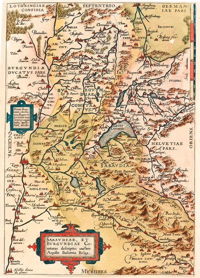 Sabaudia et Burgundiae Comitus beskrivelse Kart over territoriet til Burgund og Savoy (Pontarlier, Dijon, Lake Leman, Sveits) fra "Theatrum Orbis Terrarum" av Abraham Ortelius (Oertel, Ortell eller Ortel). av Abraham Ortelius
