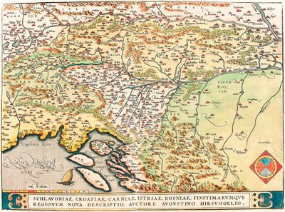 Schlavoniae, Kroatia, Carniae, Istria, Bosniae, Bordereum Regionum Nova Descriptio, Authore Augustino Hirsuogelio Geografisk kart over territoriene til Slavonia, Kroatia, Bosnia og Dalmatia fra "Theatrum Orbis Terrarum" av Abraham Ortelius av Abraham Ortelius