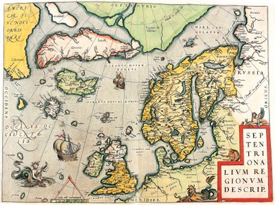 Beskriv. Geografikart over Skandinavia og Nord-Europa fra "Theatrum Orbis Terrarum" av Abraham Ortelius (Oertel, Ortell eller Ortel av Abraham Ortelius