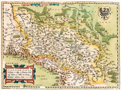 Silesia Type Beskrivelse og beskrivelse og redigert av Martin Heilwid Neilsense og edle ektemann Nicolas Rhedinger Anno 1561 Geografikart over territoriet sør for Frankfurt i Tyskland nær Polen fra "Theatrum Orbis Terrarum" av Abraham Ortelius ( av Abraham Ortelius