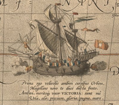 Victoria, en spansk carrack, skip av Ferdinand Magellans Armada de Molucca. Aus Maris Stillehavet av Abraham Ortelius