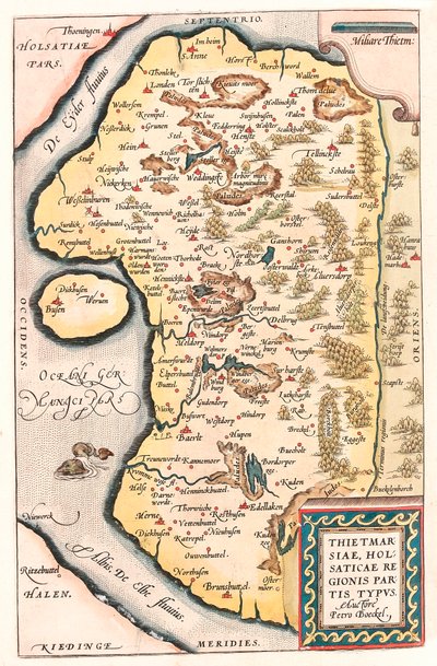 Thietmarsiae, Holsaticae regionale partier typus Geografikart over Nord-Tyskland med byen Kuden hentet fra "Theatrum Orbis Terrarum" av Abraham Ortelius (Oertel, Ortell eller Ortel). av Abraham Ortelius