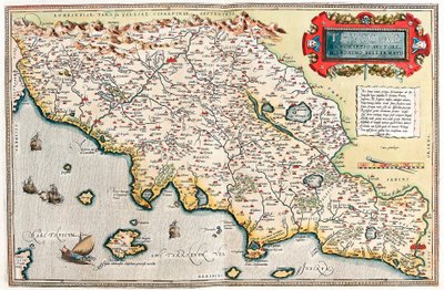Thusciae Beskrivelse av forfatteren Hieronymo Bellamarto Geografikart over territoriet til Toscana i Italia fra "Theatrum Orbis Terrarum" av Abraham Ortelius (Oertel, Ortell eller Ortel av Abraham Ortelius