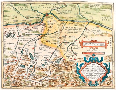 Typus Vindeliciae Ssive Begge i Bayern: Ifølge et eldgammelt og moderne sted beskrevet av John Aventine... Geografisk kart over territoriet til Baviere i Tyskland fra "Theatrum Orbis Terrarum" av Abraham Ortelius (Oertel, Ortell eller Ortel av Abraham Ortelius
