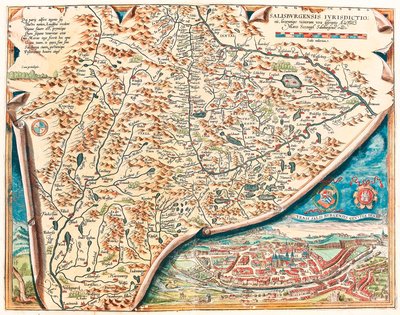 Ekte beskrivelse av byen Salzburg Geografisk kart over territoriet Salsburg i Østerrike fra "Theatrum Orbis Terrarum" av Abraham Ortelius (Oertel, Ortell eller Ortel av Abraham Ortelius