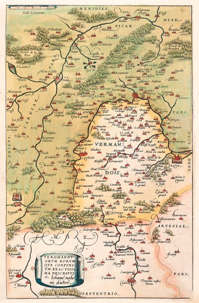 Beskriv geografikart over territoriet til Vermandois og Picardie i Gallia (Frankrike) fra "Theatrum Orbis Terrarum" av Abraham Ortelius (Oertel, Ortell eller Ortel av Abraham Ortelius