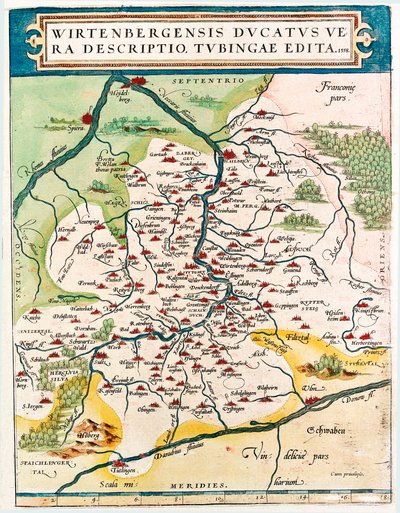 Ducatus Wirtenbergensis Sann beskrivelse, publisert i Tubing 1558 Geografikart over Baden-Wuerttemberg (Baden Wuerttemberg) territorium i Tyskland hentet fra "Theatrum Orbis Terrarum" av Abraham Ortelius (Oertel, Ortell eller Ortel av Abraham Ortelius