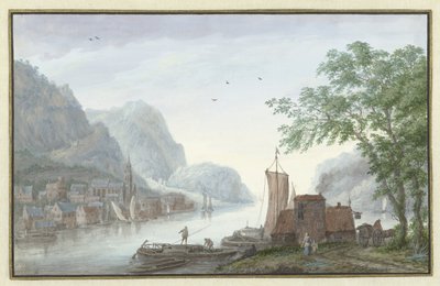 Fjelllandskap med utsikt over en landsby ved en elv av Abraham Rademaker
