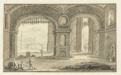Fantasert italiensk bybilde med klassiske bygninger av Abraham Rademaker