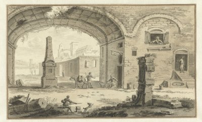 Fantasert italiensk bybilde med klassiske bygninger og utsikt under en bue av Abraham Rademaker