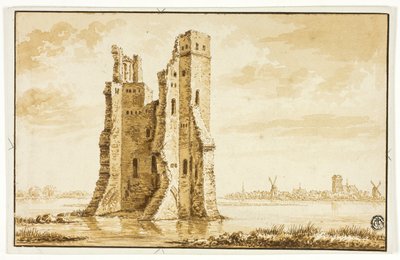 Ruinene av Merwede Manor sett fra fronten med Dordrecht i bakgrunnen av Abraham Rademaker