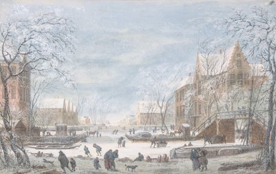 Snø faller på en nederlandsk by, n.d. av Abraham Rademaker