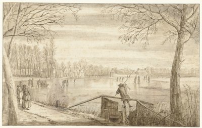 Skatere på elven Vecht, nær Maarssen, med eiendommene til Daelwijck og Vechthoven i det fjerne av Abraham Rutgers