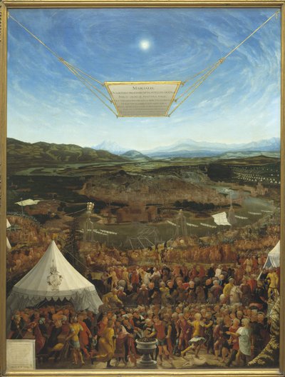 Caius Mucius Scaevola (524-480 avant JC) devant Porsena, roi de Clusium - Mucius Scaevola før Porsenna, av Schopfer, Abraham (aktiv fra midten av 1500-tallet). Olje på tre av Abraham Schöpfer