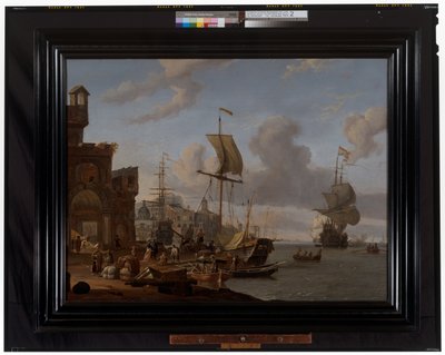 En capriccio middelhavshavnescene med kjøpmenn og andre figurer på kaisiden av Abraham Storck