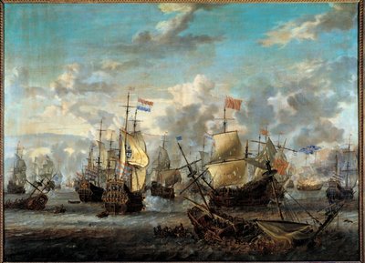 Andre anglo-neerlandskrig: "" Slaget om de fire dager fra 11 til 14/06/1666"" Hun motarbeidet de nederlandske flåtene til engelskmennene. Maleri av Abraham Storck (1635-1710) (ec.hol.) Paris fra 1600-tallet, Musee de la Marine av Abraham Storck