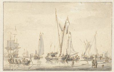Strandutsikt med fortøyde skip av Abraham Storck