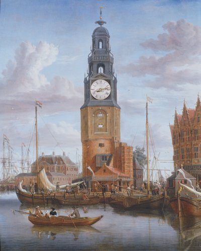 Utsikt over Haringspacker Tower i Amsterdam, med en fungerende urskive satt inn i maleriet, 1684 (panel) av Abraham Storck