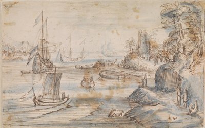 Kystlandskap med flere skip, en høy kyst med flere figurer av Abraham Willaerts