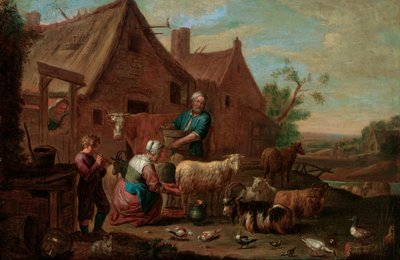 Bondefamilie med storfe, sauer og geiter i en gårdstun (olje på lerret) av Abraham Willemsens