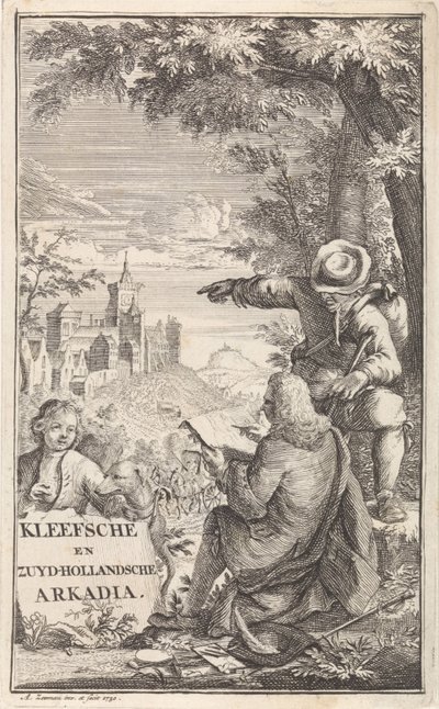 Reisende tegner byen Kleve Tittelside for: C. Bruin, Kleefsche en Zuid-Hollandsche Arkadia (...), 1730 av Abraham Zeeman