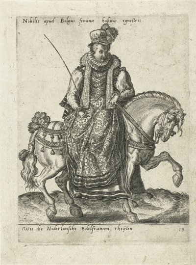 Nederlandsk adelskvinne til hest av Abraham de Bruyn (attributed to)